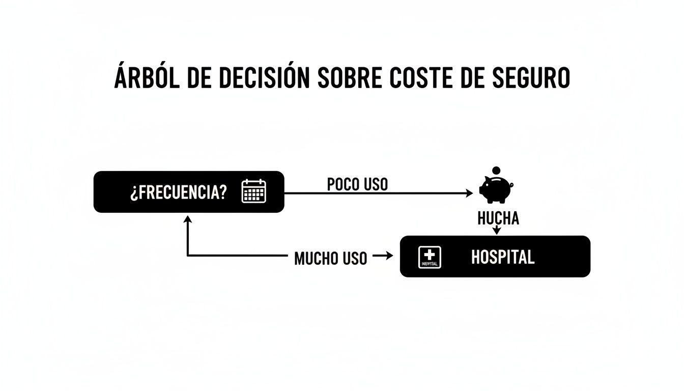 Seguros de salud sin copagos y sin carencias para visados en España 2 Árbol de decisión sobre el coste del seguro, mostrando opciones basadas en la frecuencia de uso de servicios médicos.