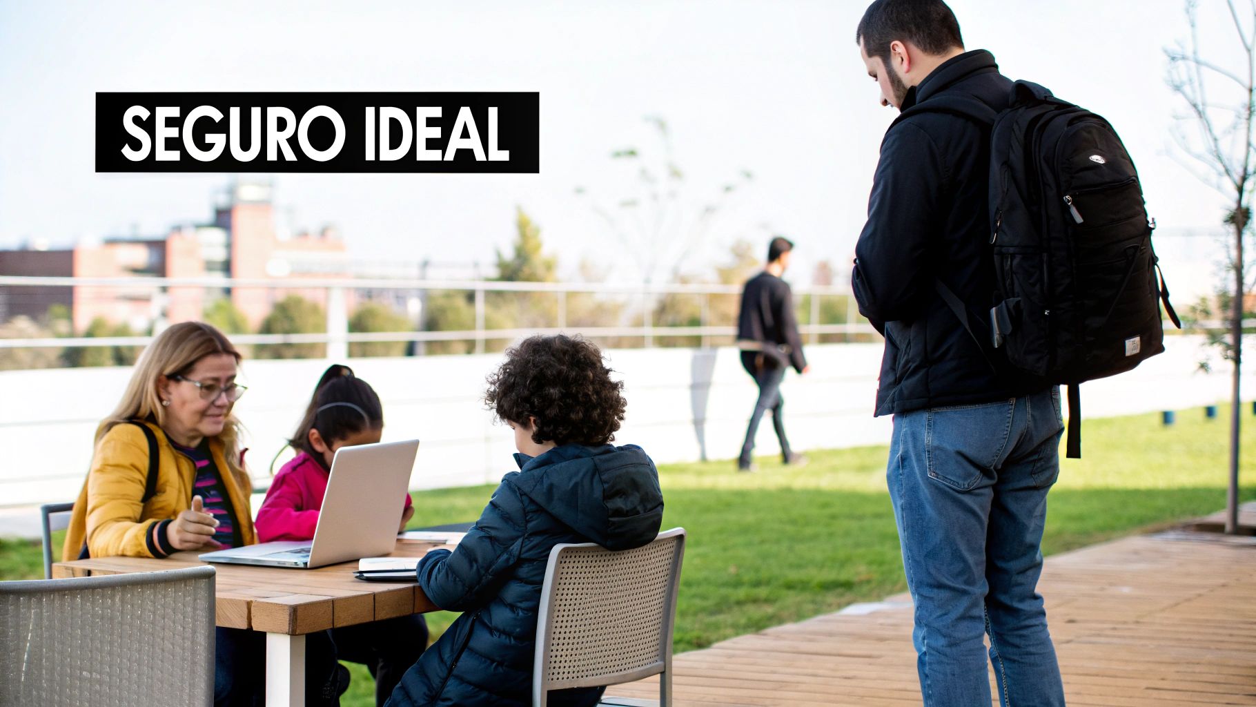 Un grupo de personas, incluyendo adultos y niños, usando una laptop al aire libre bajo el texto 'SEGURO IDEAL'.