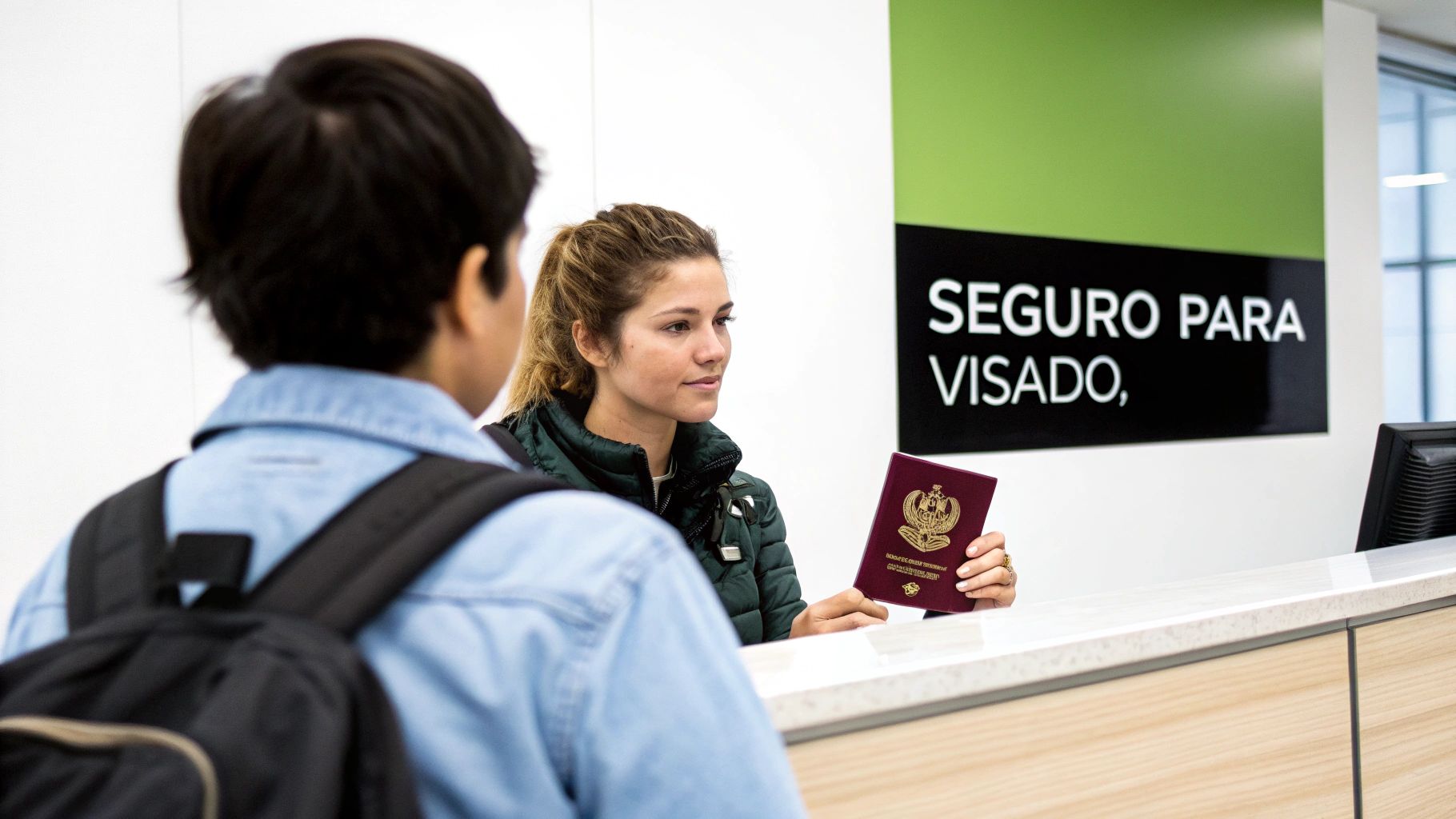 Una mujer sostiene un pasaporte en un mostrador mientras atiende a un cliente sobre seguro para visado.