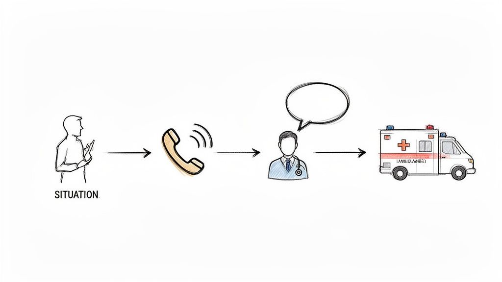 Asisa urgencias teléfono gratuito: Guía rápida y datos esenciales 3 Diagrama de flujo que ilustra a una persona en una situación de emergencia llamando, lo que lleva a un médico que envía una ambulancia.