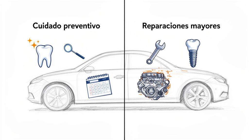 La guía definitiva sobre seguros dentales que cubren todo en España 2 Gráfico comparando el cuidado preventivo dental y automotriz con las reparaciones mayores.