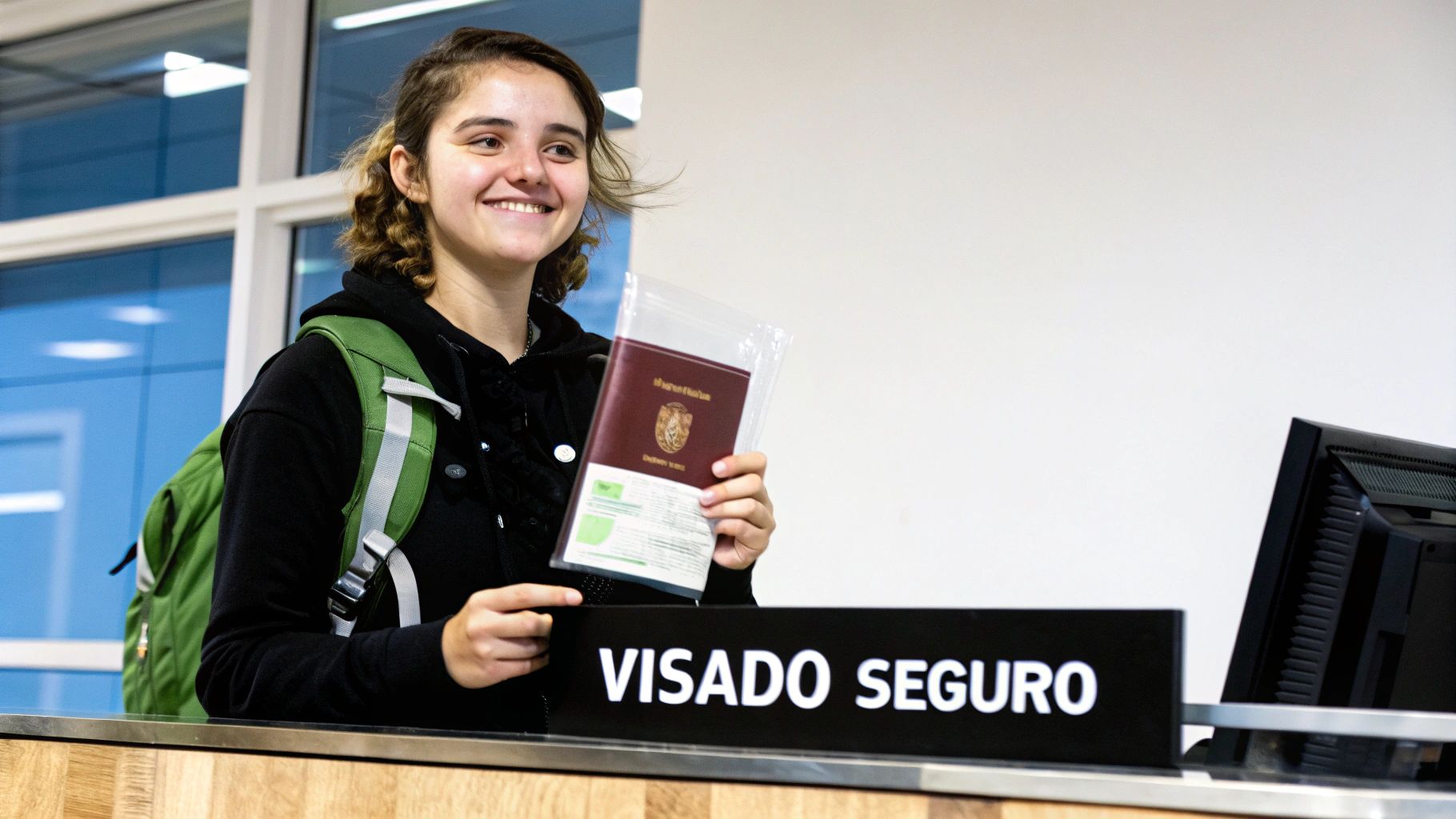 Joven sonriente con mochila y pasaporte en un mostrador de visados, lista para viajar.