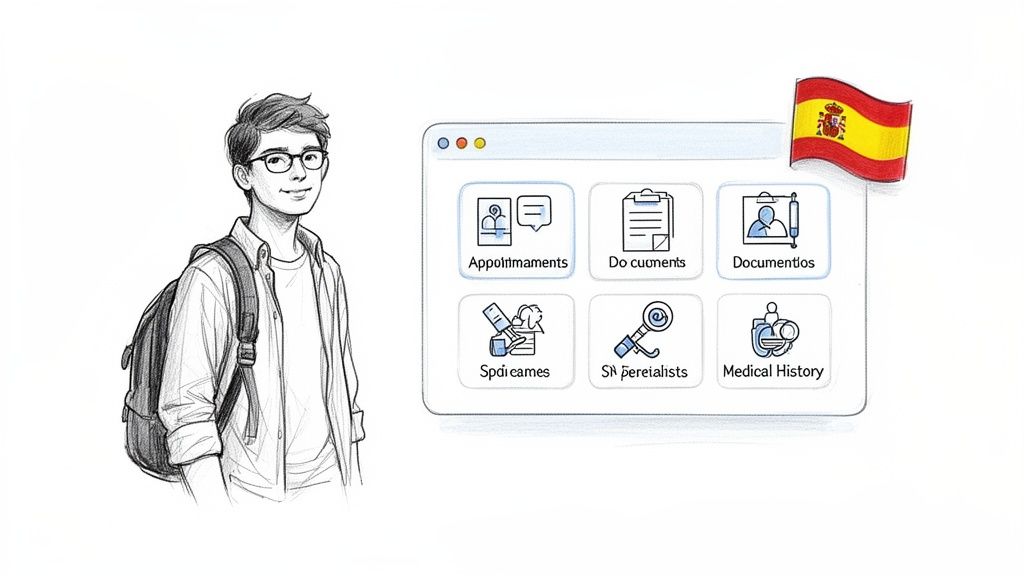 Tu guía del Asisa portal del paciente para estudiantes internacionales 1 Joven estudiante con mochila frente a un portal médico digital con opciones como citas, documentos e historial médico, y la bandera de España.