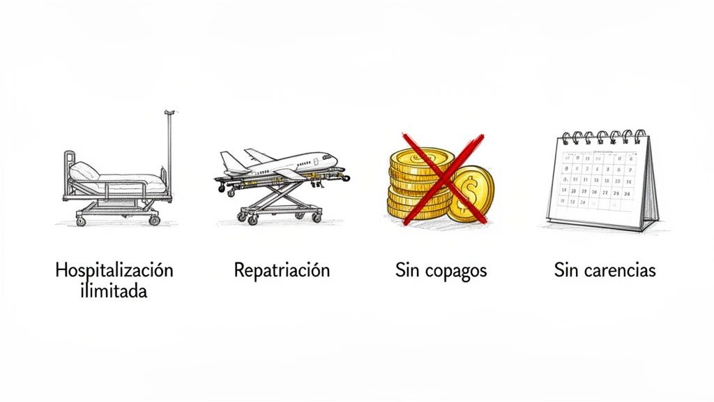 La guía definitiva de seguros médicos sin cuestionario de salud para tu visado 2 Cuatro íconos ilustran beneficios de seguro: hospitalización, repatriación, sin copagos ni carencias.