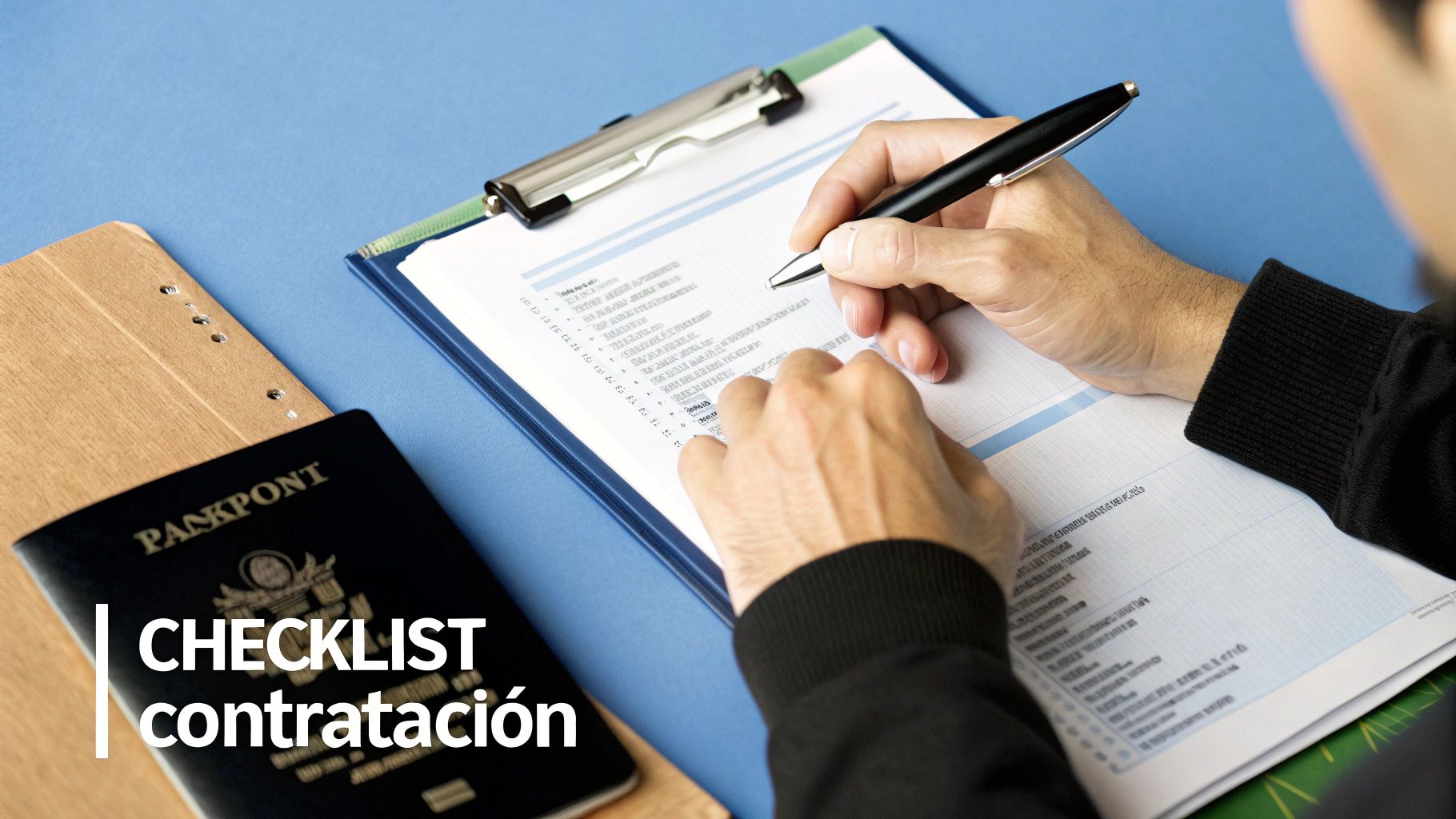 Persona llenando un formulario de contratación en un portapapeles, con un pasaporte y documentos.