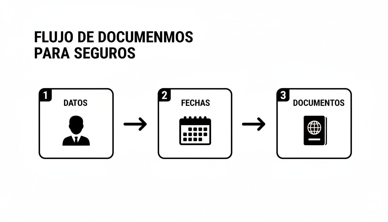 Diagrama de flujo para seguros mostrando tres pasos: datos personales, fechas importantes y documentos necesarios.