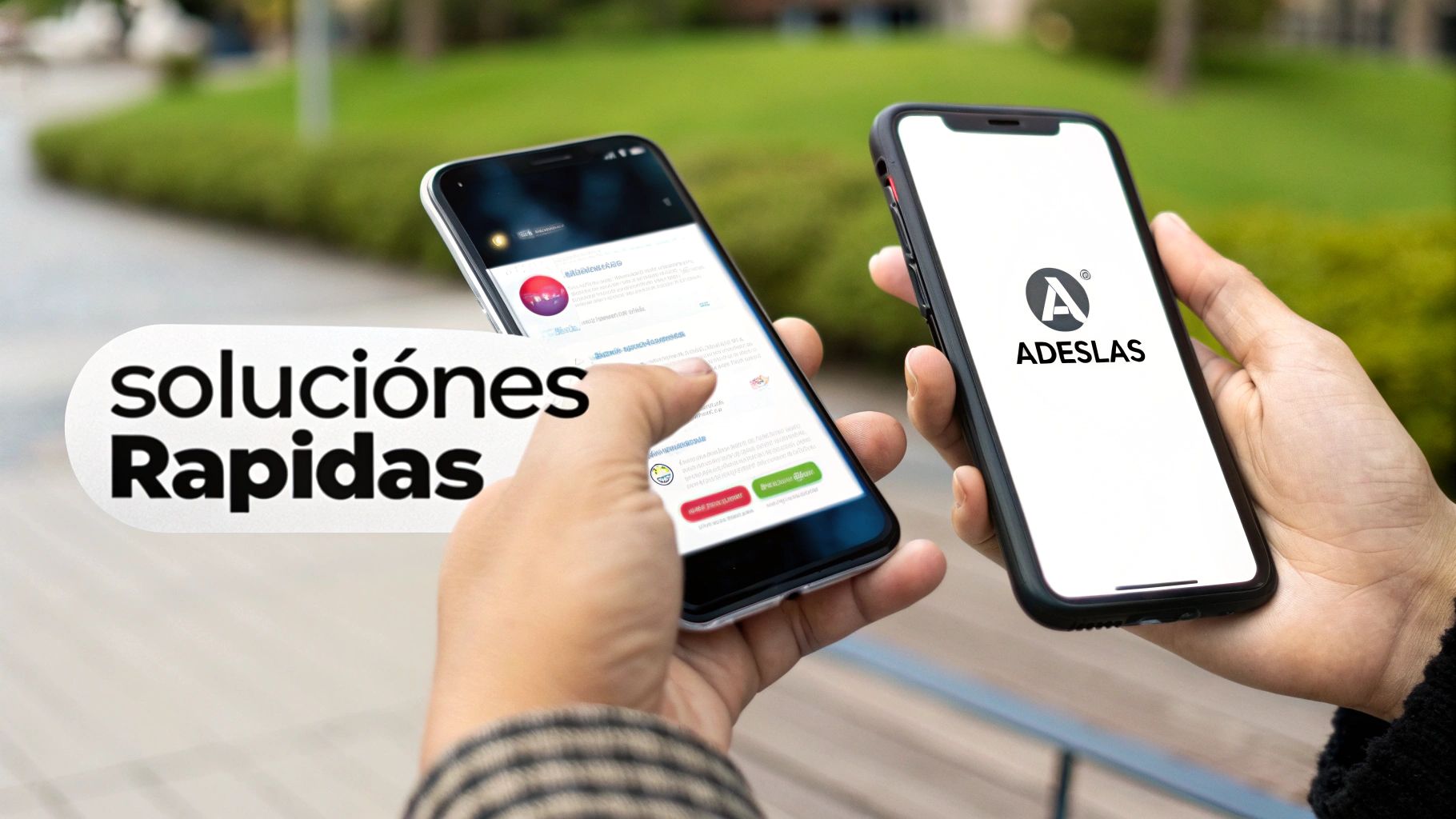 Dos manos sosteniendo smartphones, uno con la aplicación Soluciones Rápidas y otro con el logo de Adeslas.