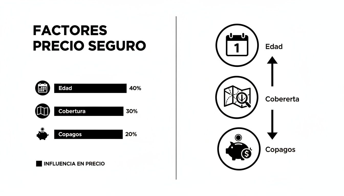 Cuánto cuesta un seguro médico privado en España y cómo elegir el mejor 2 Gráfico mostrando los factores que influyen en el precio de un seguro: edad, cobertura y copagos, con sus porcentajes de influencia.