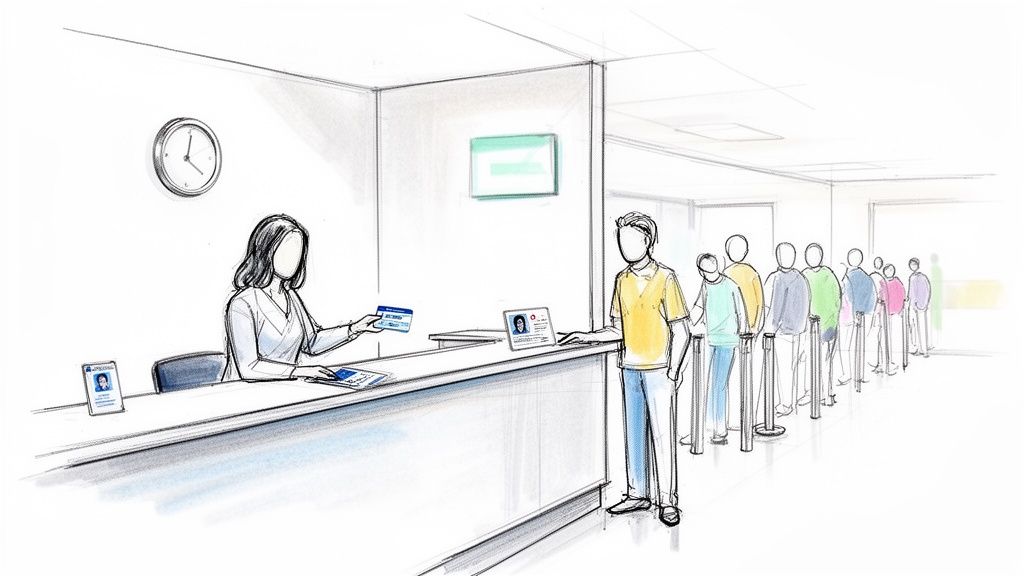 Guía completa del hospital urgencias asisa para extranjeros 3 Recepcionista de hospital entrega una tarjeta a un paciente, mientras una fila de personas espera su turno.