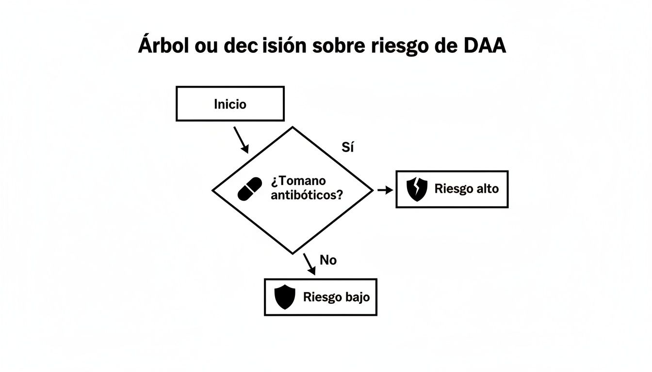 Qué hacer ante la diarrea por antibiotico en España 2 Diagrama de flujo que ilustra la decisión sobre el riesgo de Diarrea Asociada a Antibióticos (DAA) basado en el consumo de antibióticos.