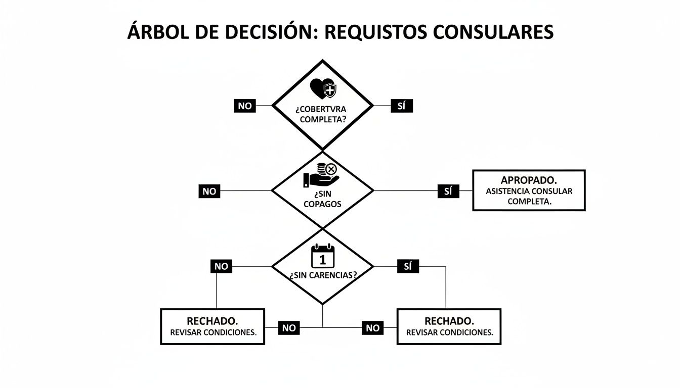 Diagrama de flujo para requisitos consulares de asistencia médica, evaluando cobertura, copagos y carencias.