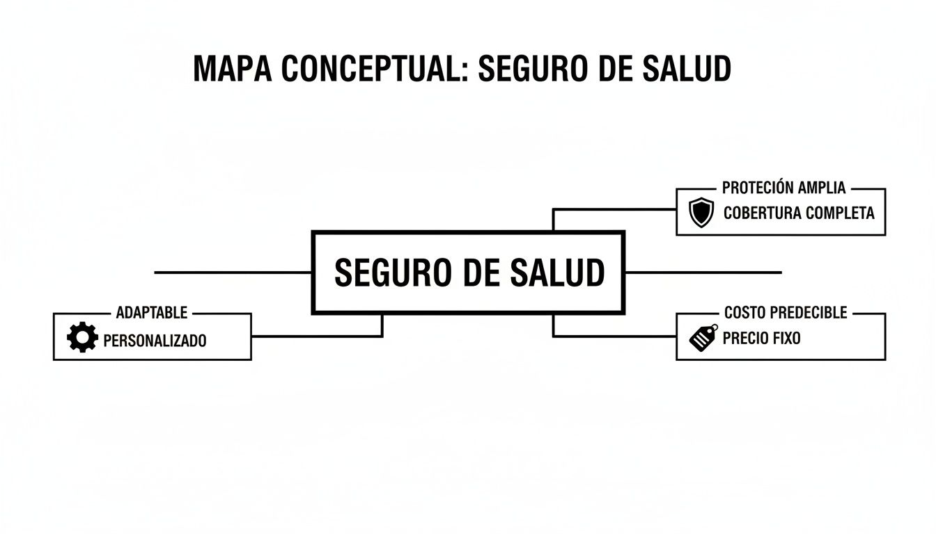 Mapa conceptual que presenta las características clave de un seguro de salud: protección amplia, costo predecible y adaptabilidad.
