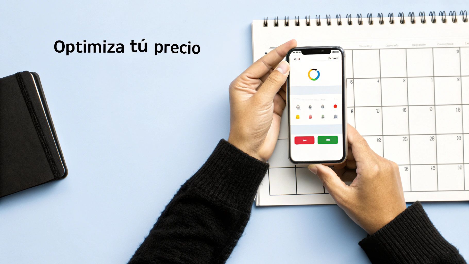 Una persona usa un smartphone con una aplicación de optimización de precios junto a un calendario, destacando la gestión financiera.