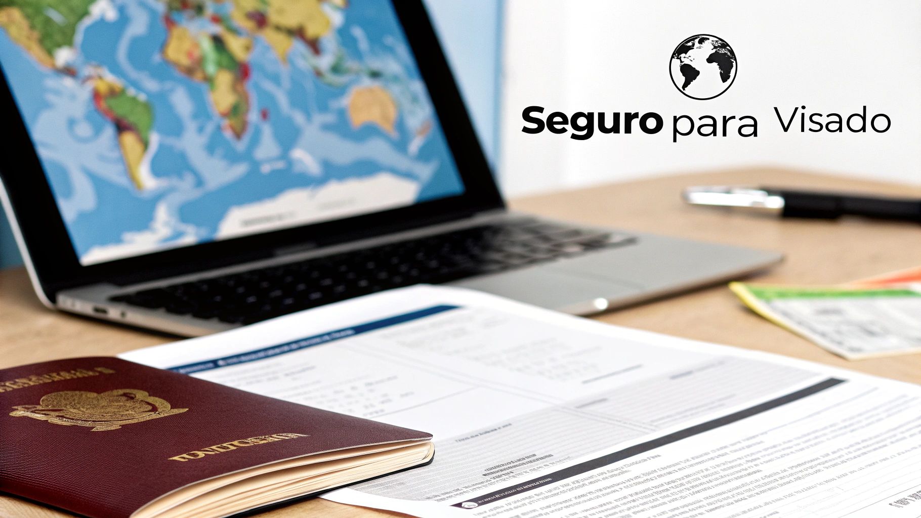 Mesa con pasaporte, documentos, portátil con mapa mundial y texto 'Seguro para Visado'.