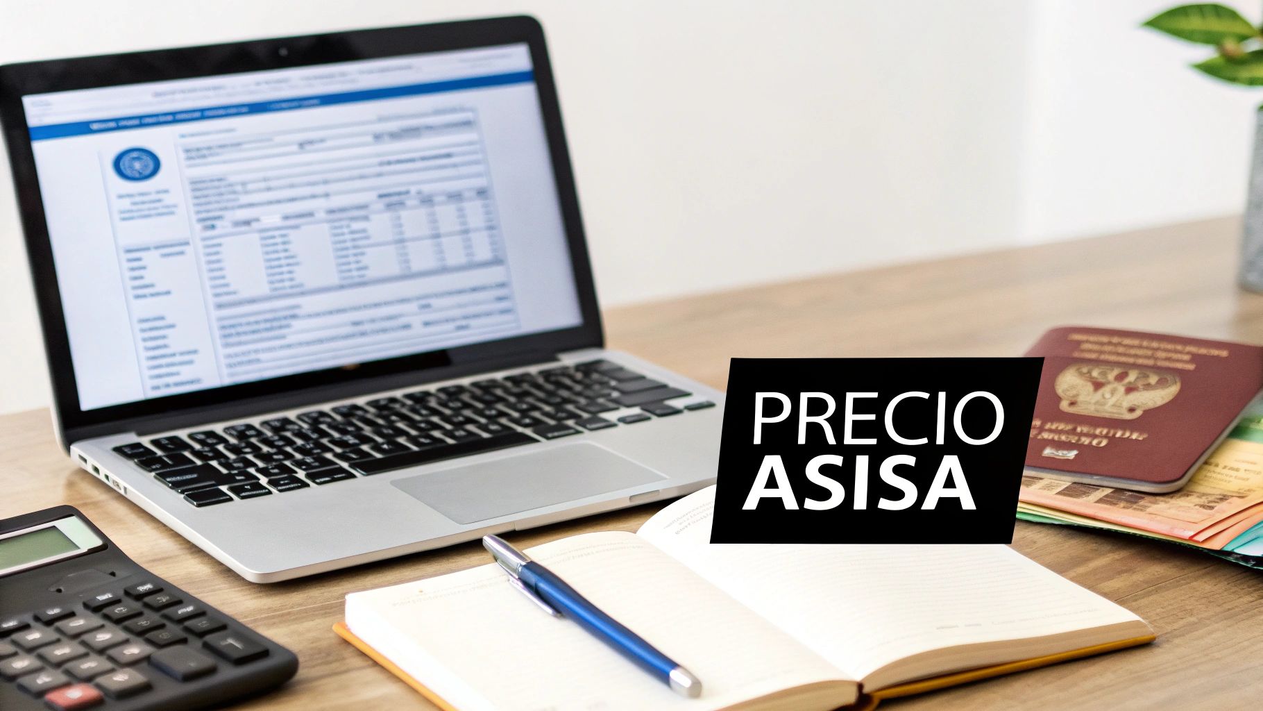 Escritorio con laptop mostrando cotizaciones, calculadora, libreta, pasaporte y el texto 'PRECIO ASISA' sobrepuesto.