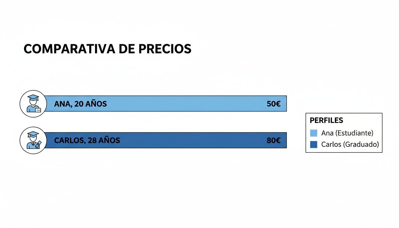 Gráfico comparativo de precios para perfiles de Ana (estudiante, 50€) y Carlos (graduado, 80€).