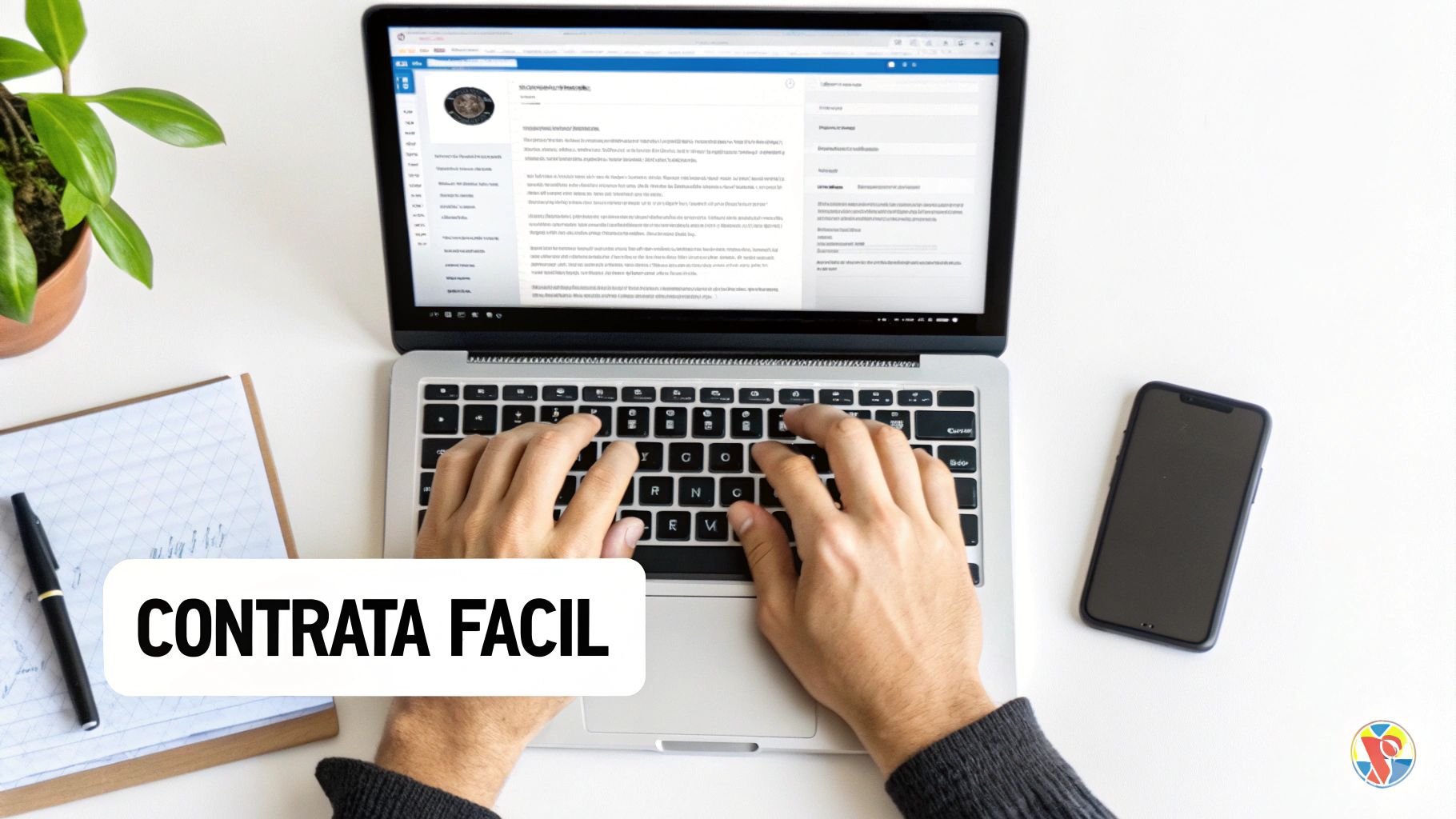 Persona tecleando en un portátil en un escritorio blanco con aplicación online y el texto 'CONTRATA FACIL'.