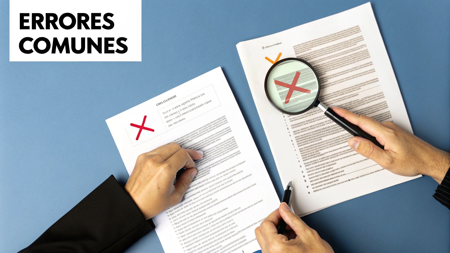 Manos revisando documentos con errores, una lupa resalta una marca de cruz roja en una página, bajo el título 'Errores Comunes'.