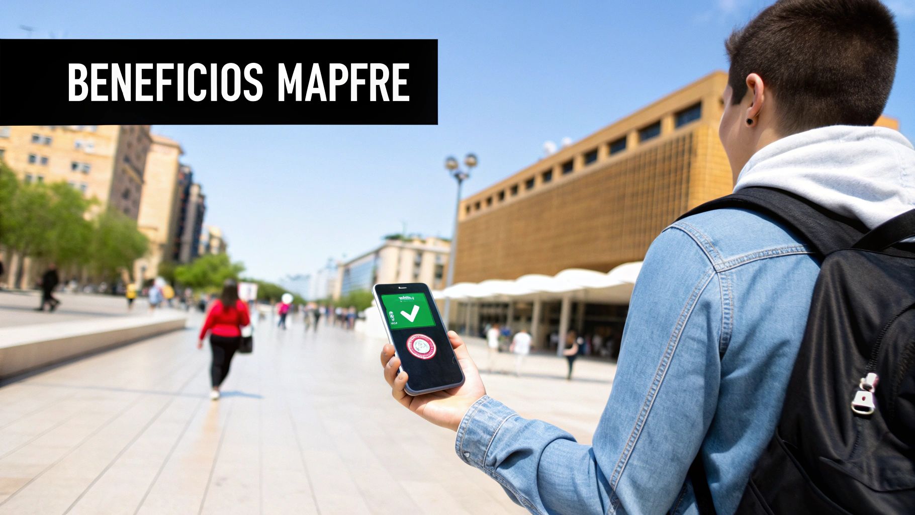 Joven en ciudad sosteniendo móvil que muestra check verde, simbolizando los beneficios digitales de MAPFRE.