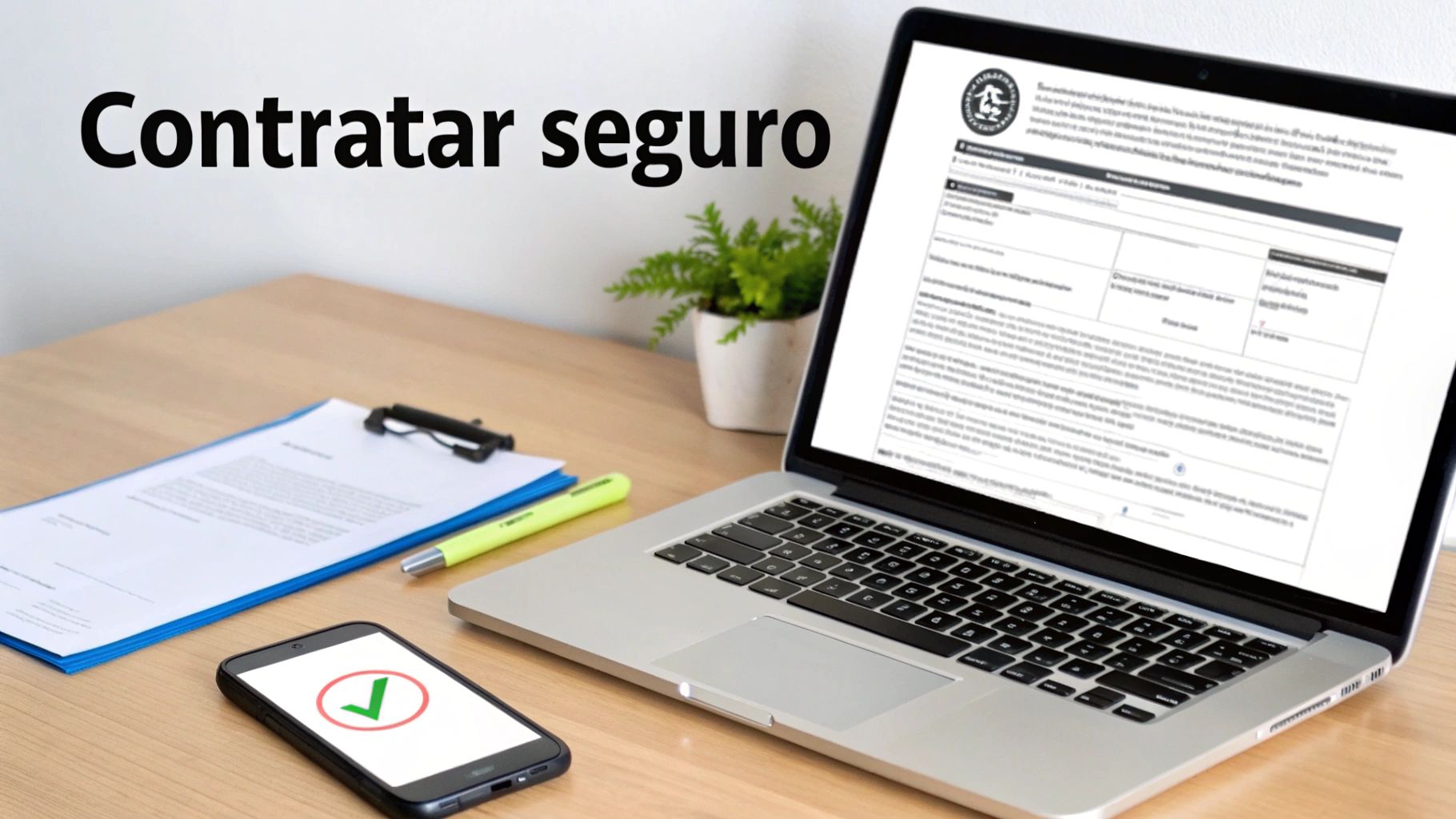 Una persona contrata un seguro, visualizando información en una laptop con documentos y un smartphone confirmando.