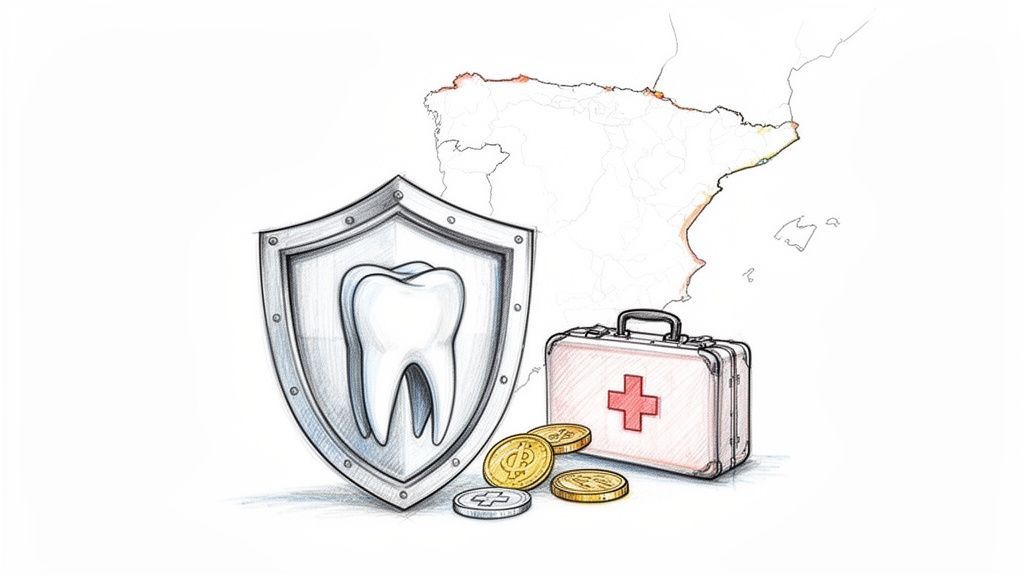 Un escudo con un diente, botiquín, monedas y mapa de España, simbolizando seguro dental y salud.