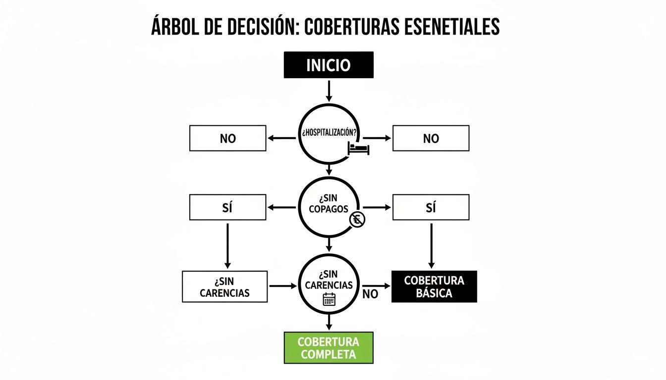 Diagrama de flujo para seleccionar coberturas esenciales de seguro de salud, guiando a Cobertura Básica o Completa.