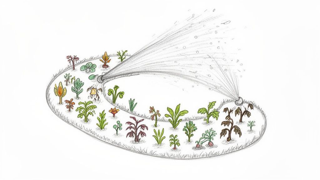 Qué hacer ante la diarrea por antibiotico en España 1 Jardín ovalado con diversas plantas de diferentes colores siendo regadas por dos aspersores de agua.