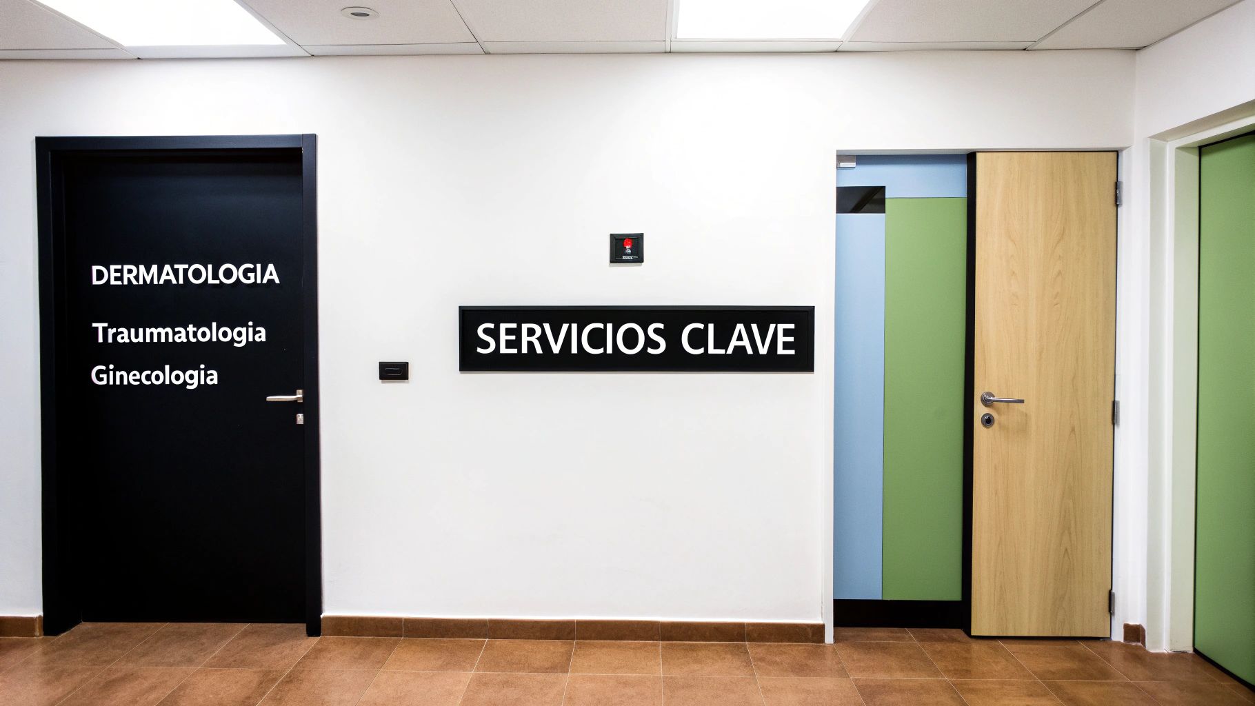 Un pasillo de hospital con puertas negras, de madera clara y verdes, y señales de departamentos médicos.