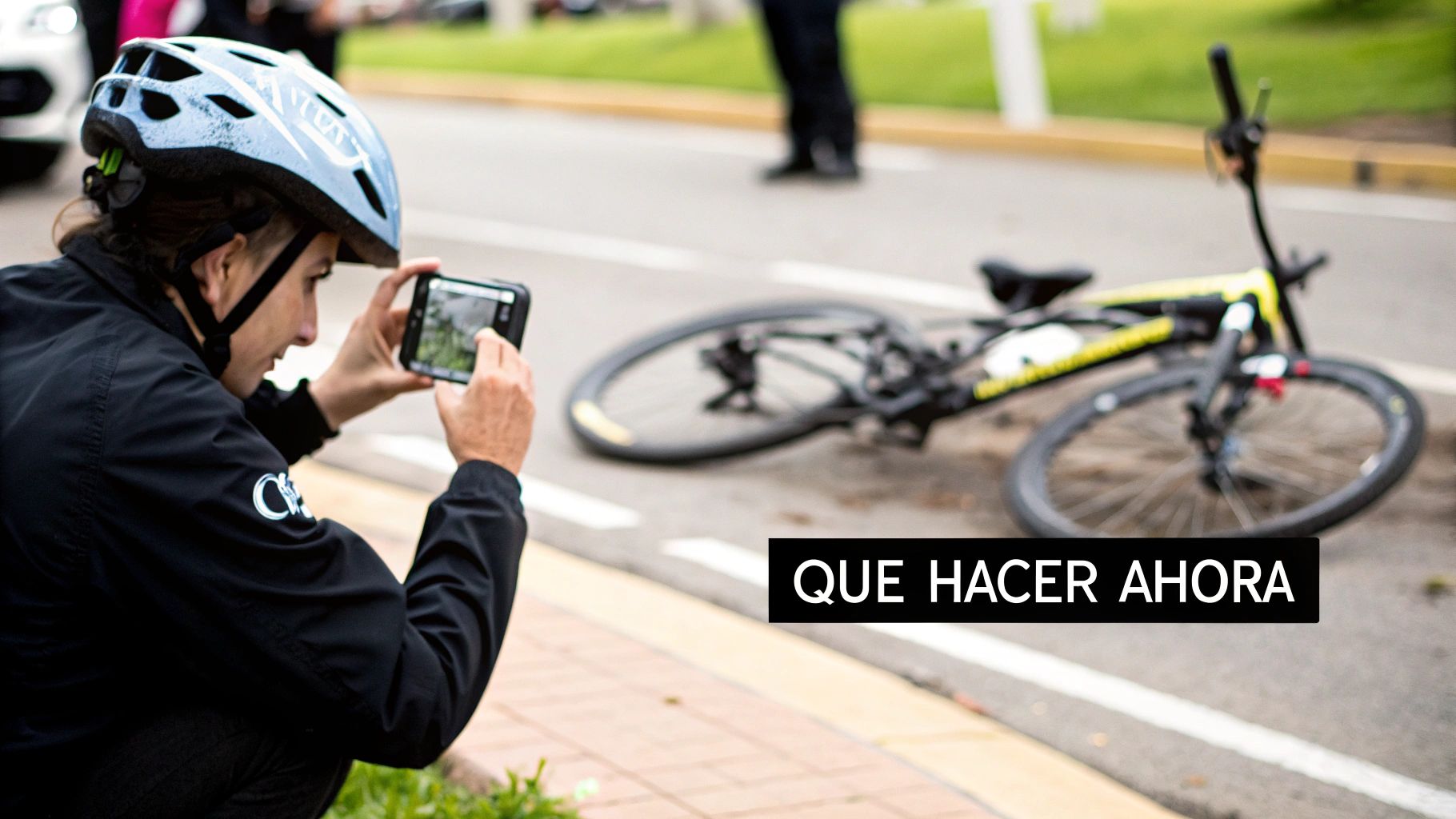 Una persona con casco documenta una bicicleta caída en la carretera después de un incidente, preguntándose 'Qué hacer ahora'.