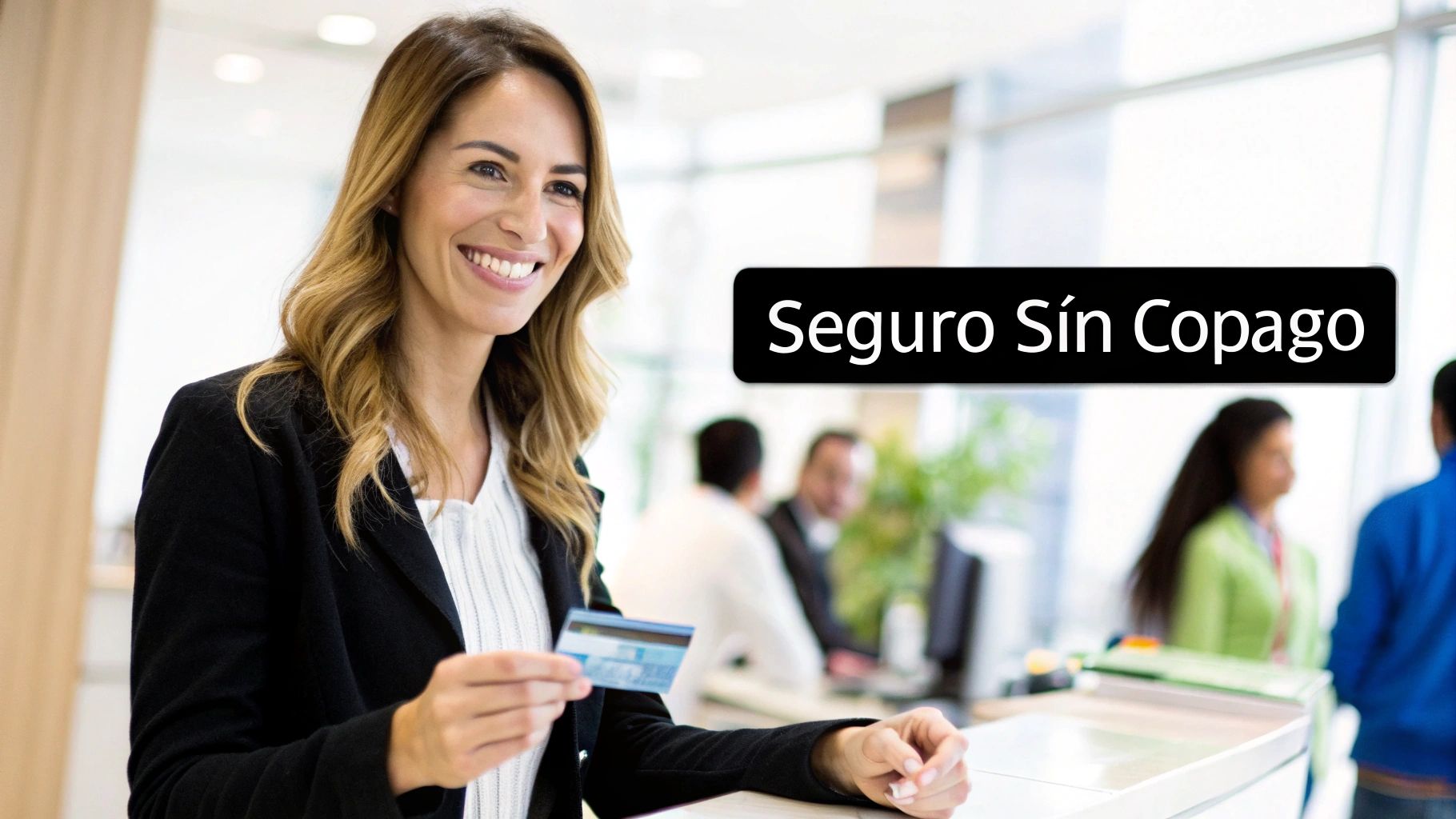 Mujer sonriente con tarjeta de crédito en una oficina moderna, con el texto "Seguro Sin Copago".