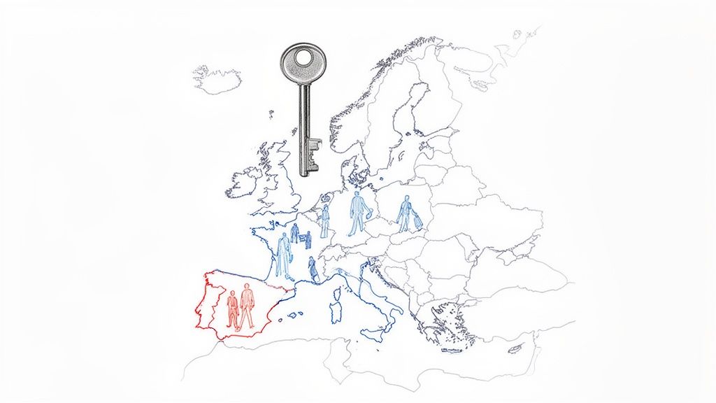 Tu guía completa para el visado Schengen España y cómo obtenerlo 1 Un mapa de Europa con figuras de personas y una llave, resaltando España en rojo.