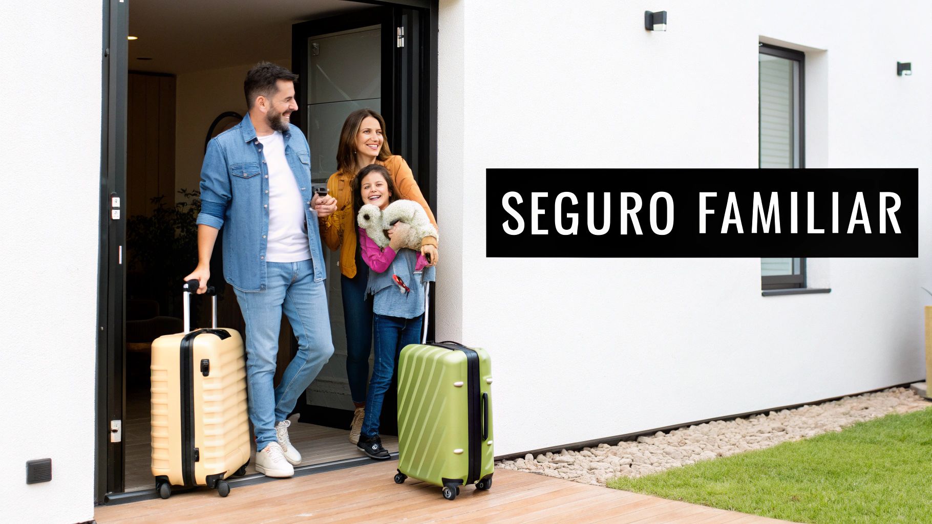 Familia feliz con niña y perro saliendo de casa con maletas para un viaje, muro blanco con texto 'SEGURO FAMILIAR'.