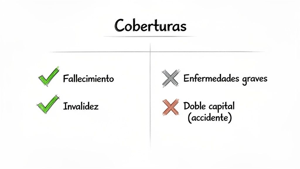 Guía definitiva de seguros de vida baratos para vivir en España 2 Representación visual de coberturas de seguros, destacando fallecimiento e invalidez como incluidas, y enfermedades graves y doble capital como excluidas.