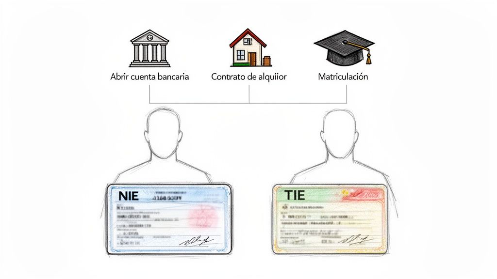 Guía definitiva: cómo obtener nie en españa en pocos pasos 1 Diagrama mostrando los documentos NIE y TIE para abrir cuenta bancaria, contrato de alquiler y matriculación universitaria.