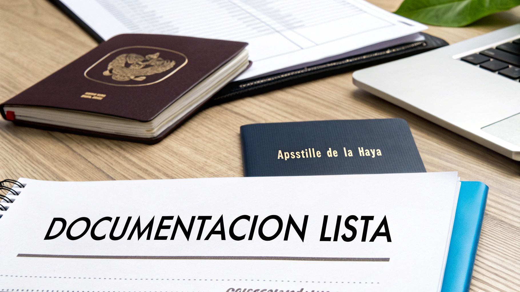 Documentos listos sobre una mesa de madera, incluyendo un pasaporte y una apostilla de La Haya.