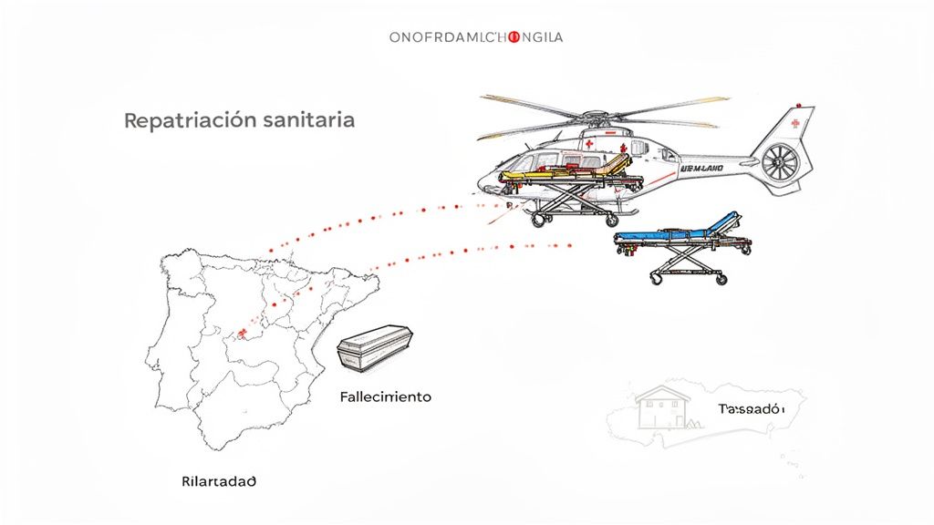 Seguro obligatorio que cubre: todo lo que necesitas para tu visado 2 Ilustración de repatriación sanitaria, helicóptero, mapa de España, camillas médicas y ataúd.