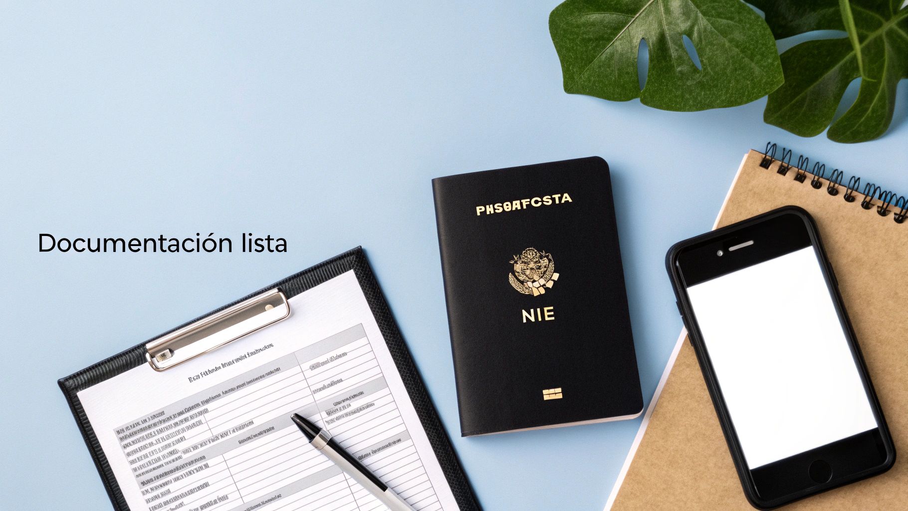 Pasaporte NIE, documentos en portapapeles y teléfono en una mesa azul. Documentación lista.