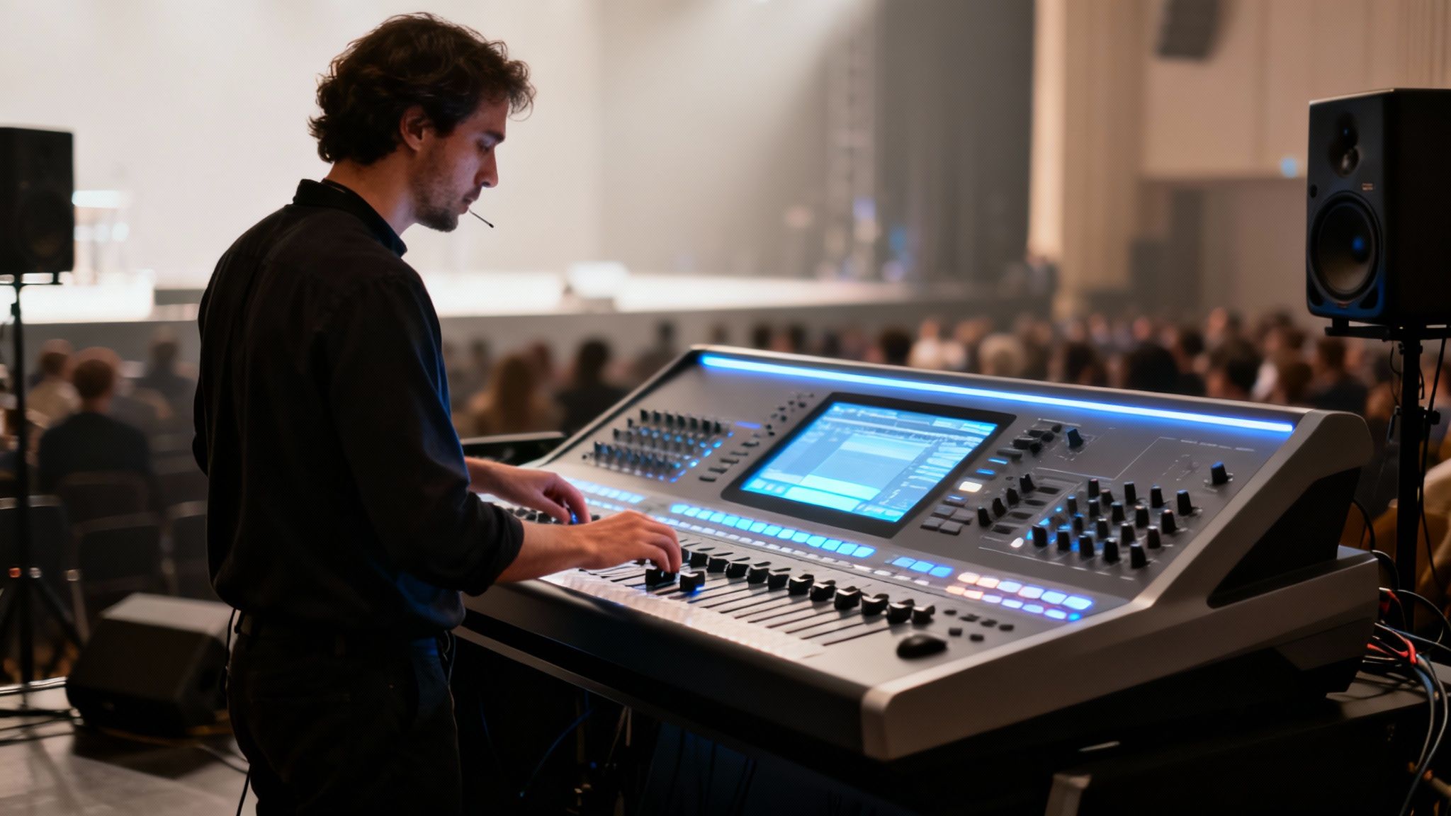 A sound engineer with a headset operates a large digital mixing console during a live event.