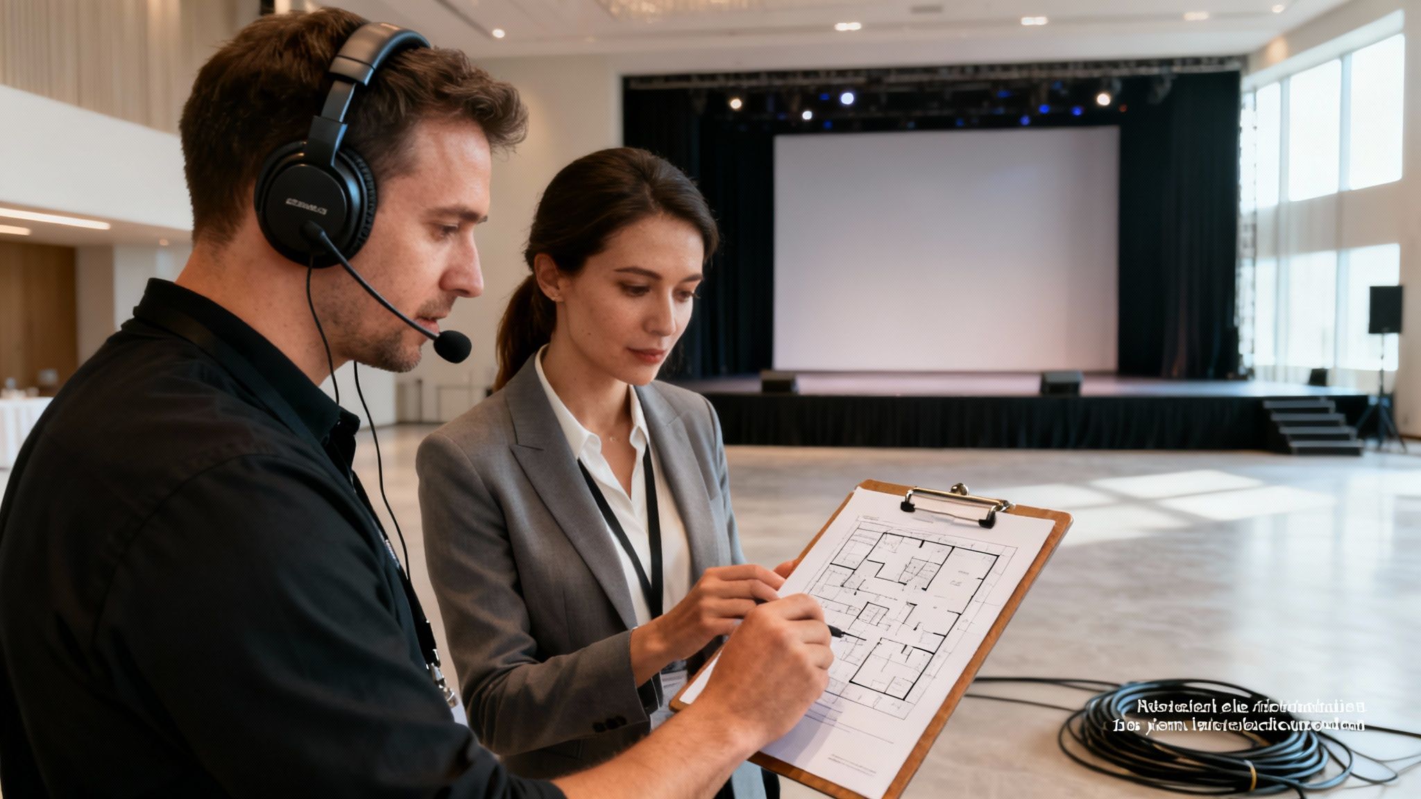 An AV technician and an event planner discuss a floor plan for a large event hall.
