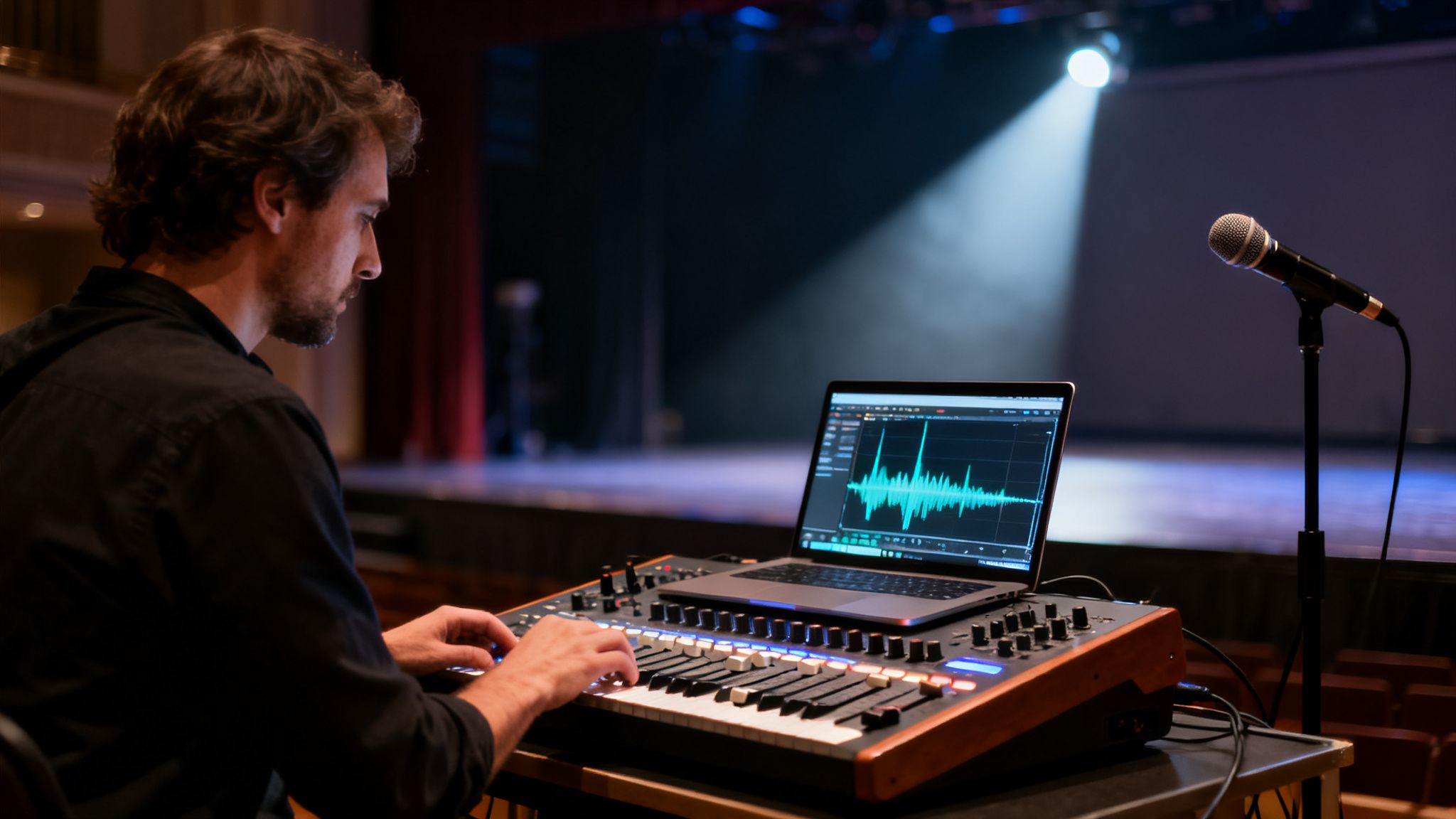 A sound engineer works at a mixing board with a laptop, preparing for a stage event.