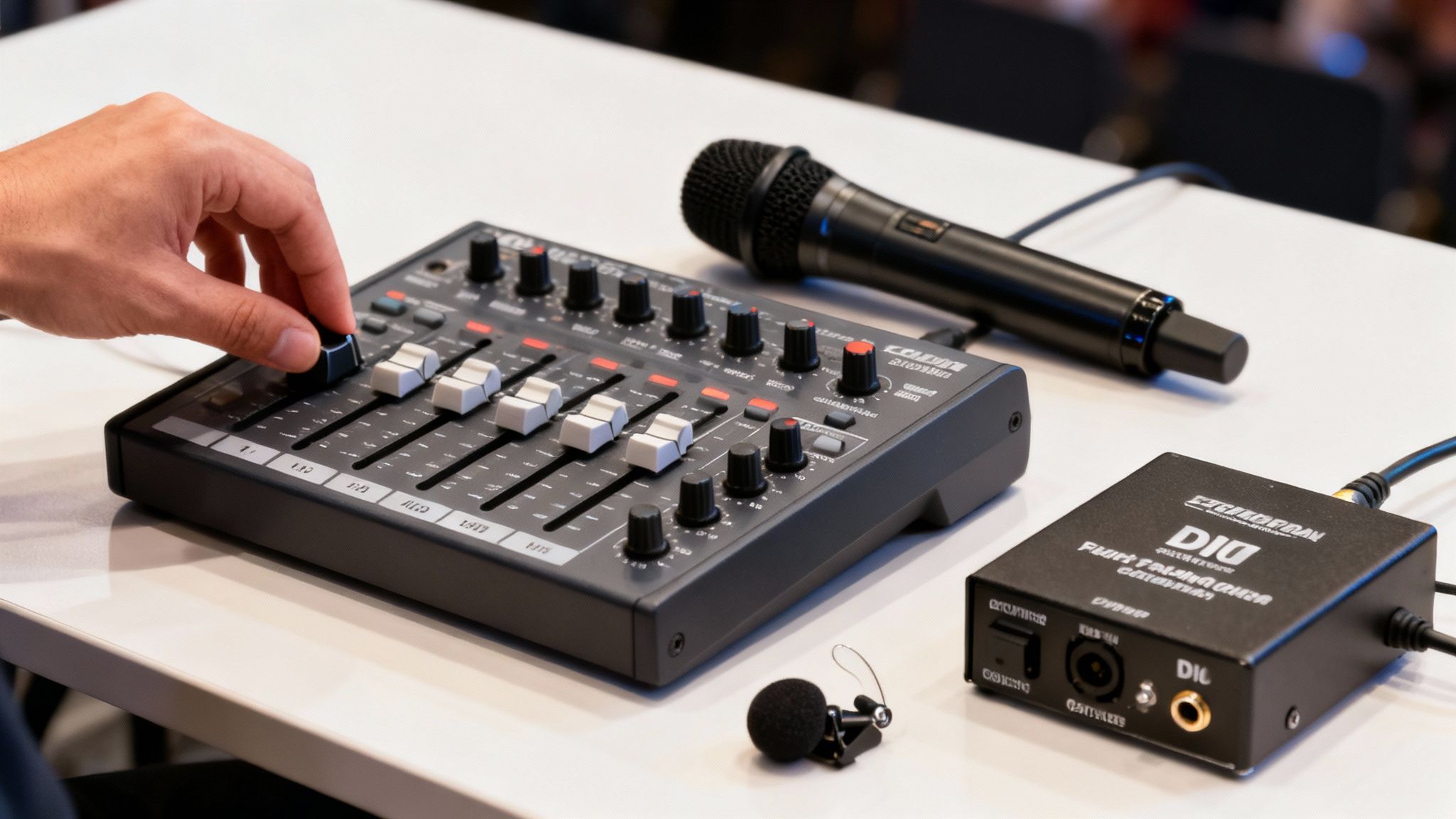 A hand adjusts the controls of a black audio mixer, with a microphone and a DI box on a white table.