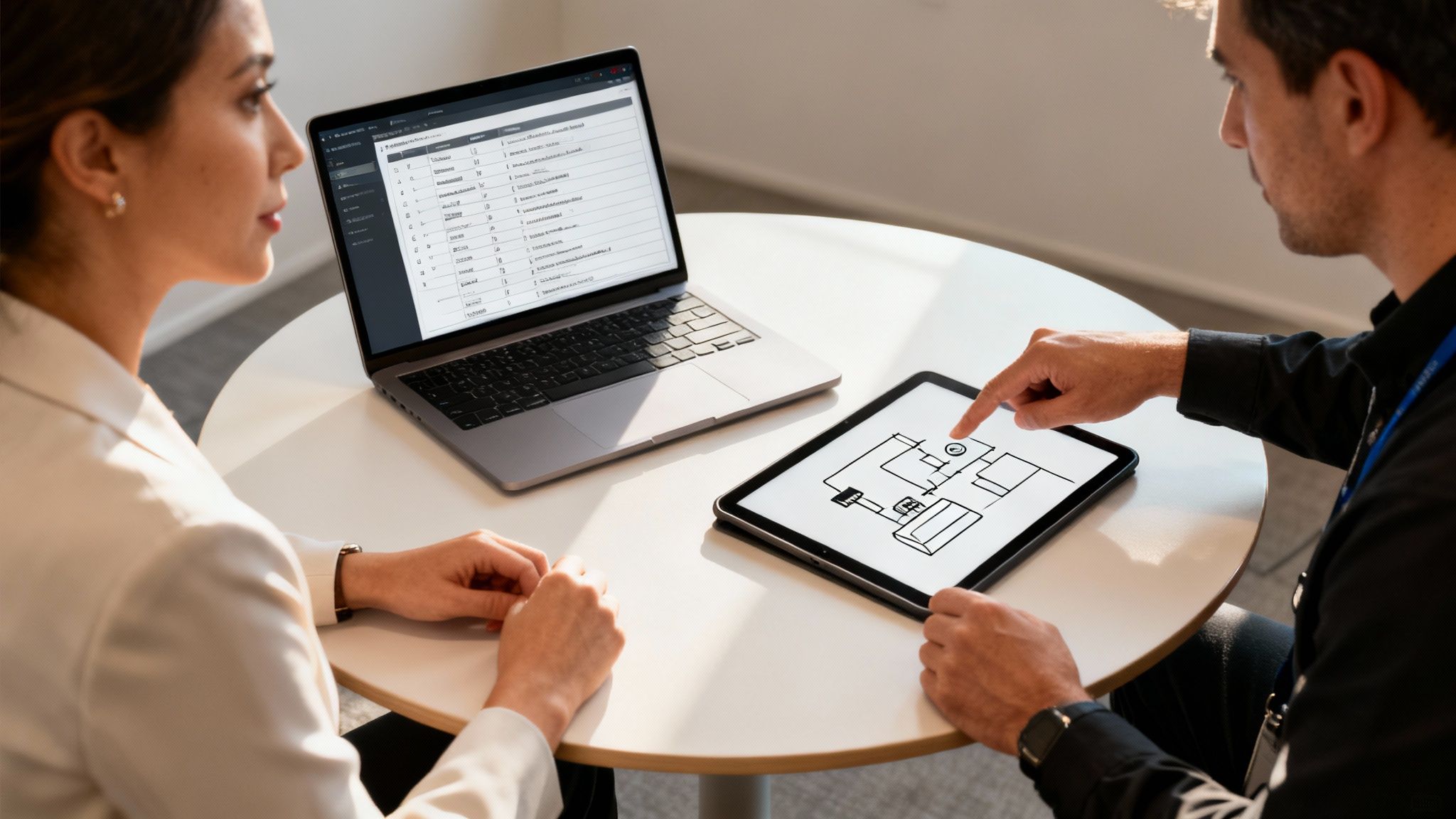 Two professionals collaborate, reviewing a technical diagram on a tablet and data on a laptop.