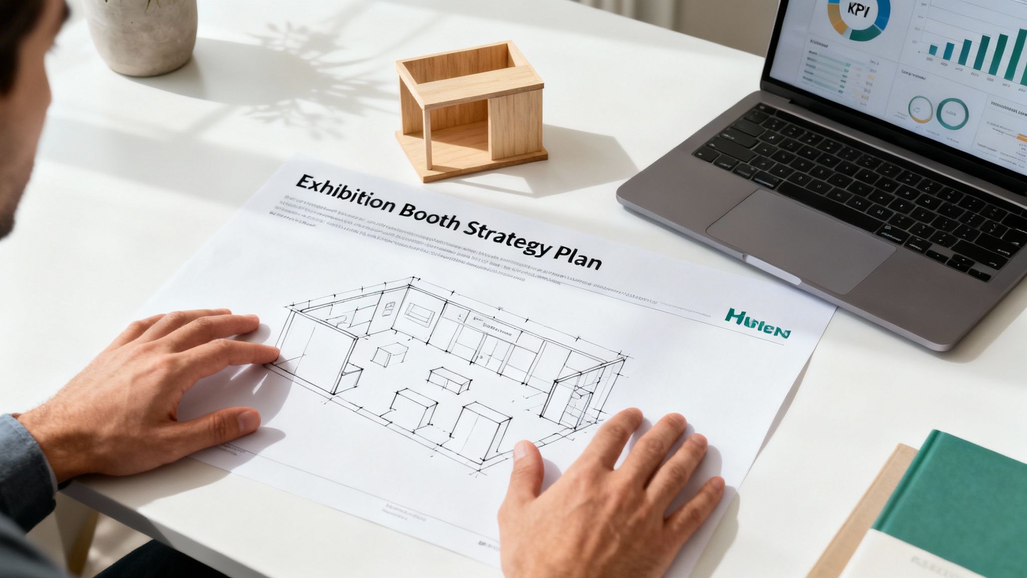 A person's hands on an exhibition booth strategy plan document with a blueprint, next to a laptop displaying charts.