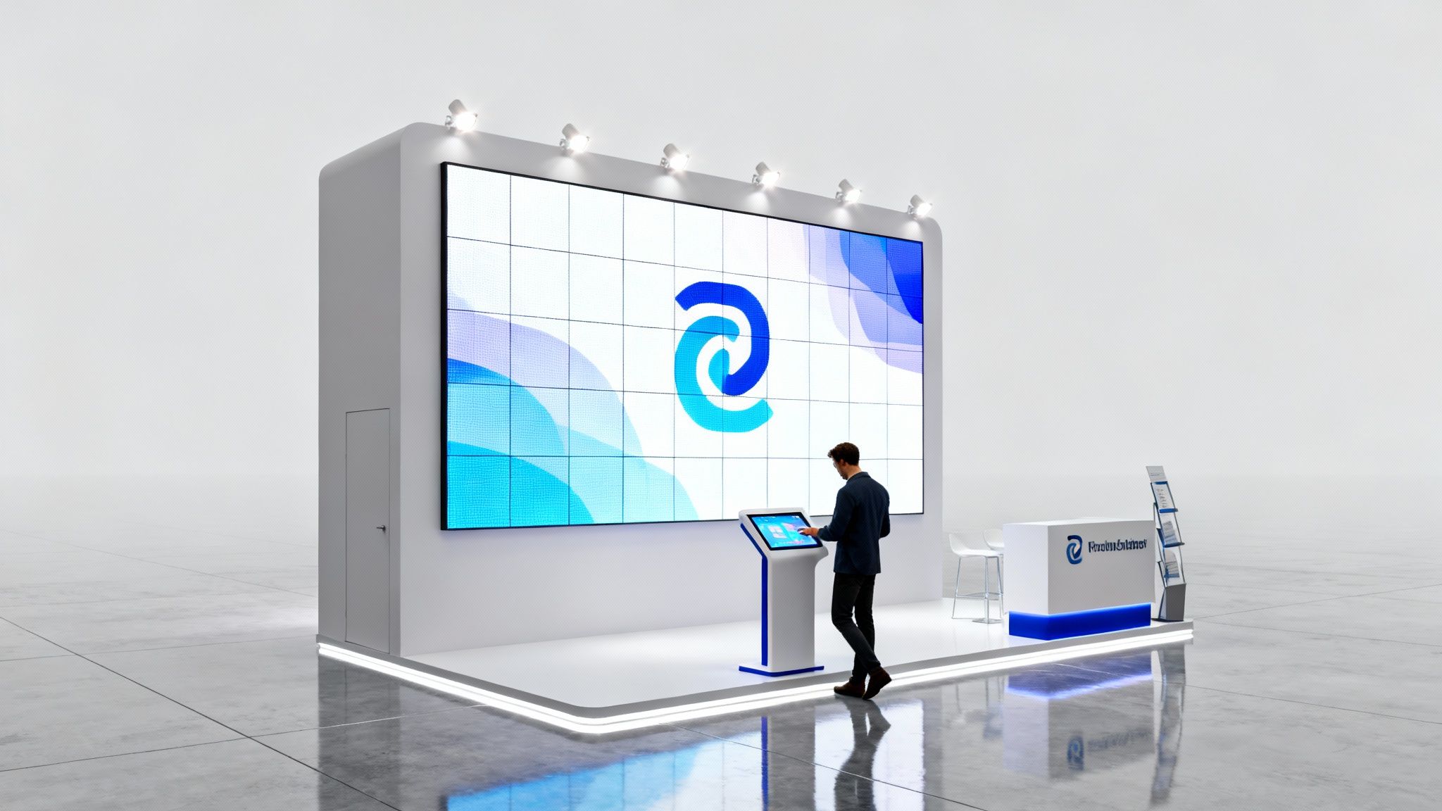 A sleek, modern corporate exhibition booth with a large video wall displaying a blue spiral logo and a person interacting with a touchscreen kiosk.