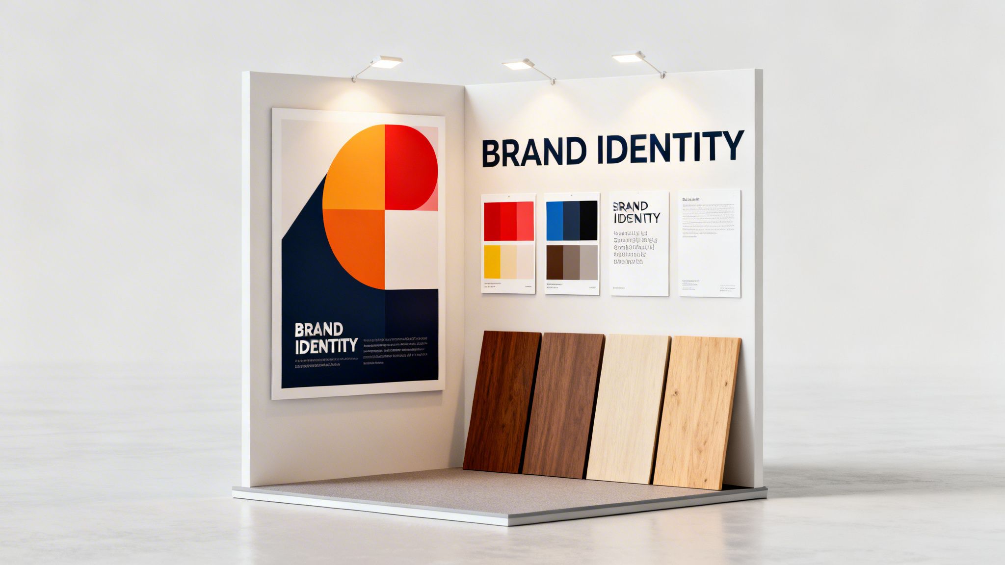 A modern exhibition booth showcasing brand identity design with a large poster, color palettes, typography, and wooden material samples.