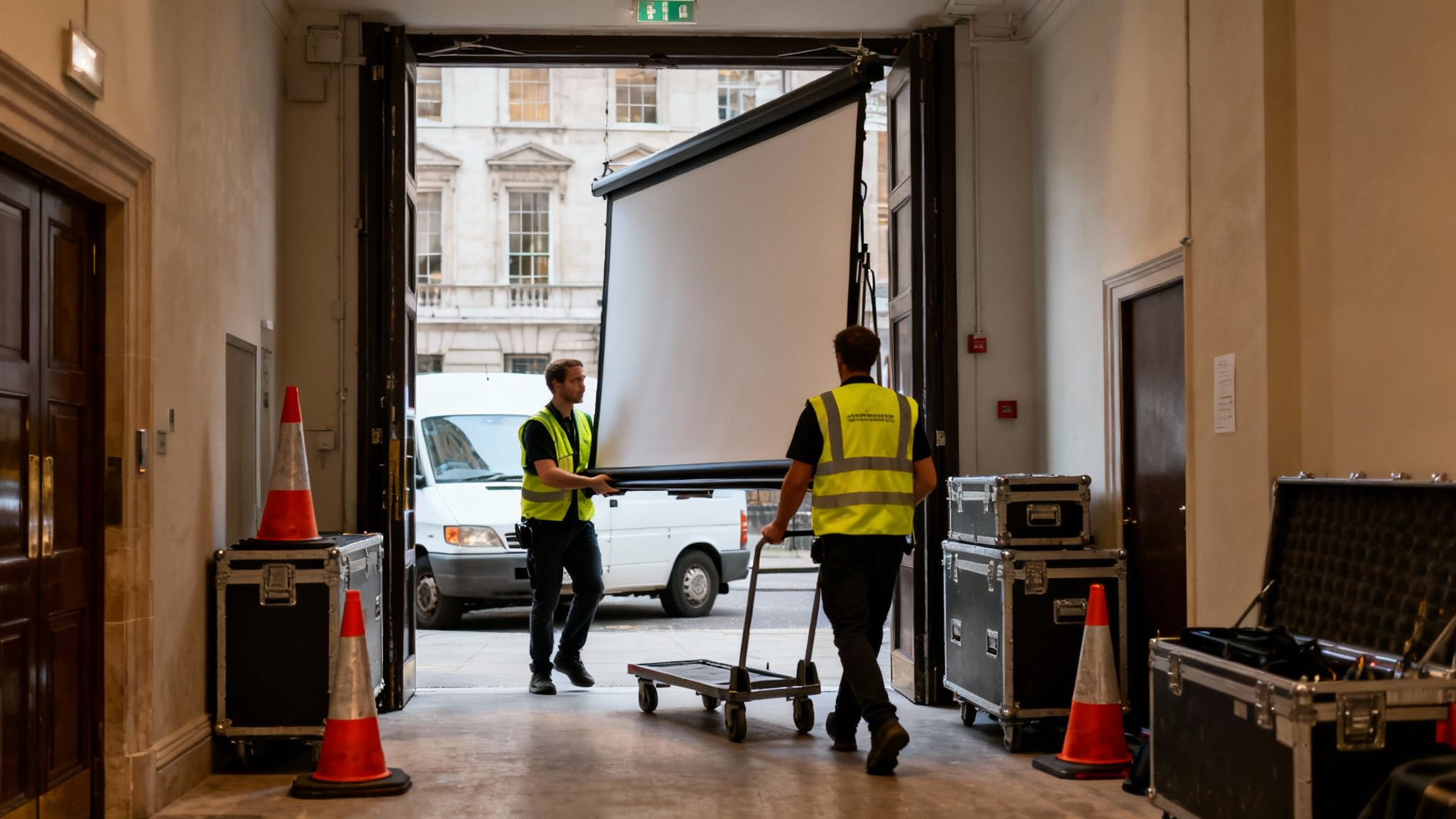 Two event staff in high-visibility vests transport a large projection screen and equipment into a building.