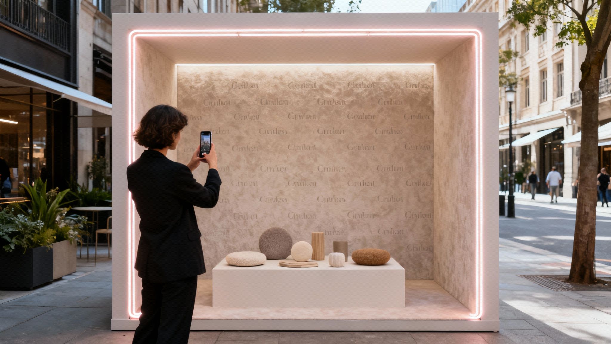A person takes a phone photo of a modern outdoor display featuring textured objects and neon lights.
