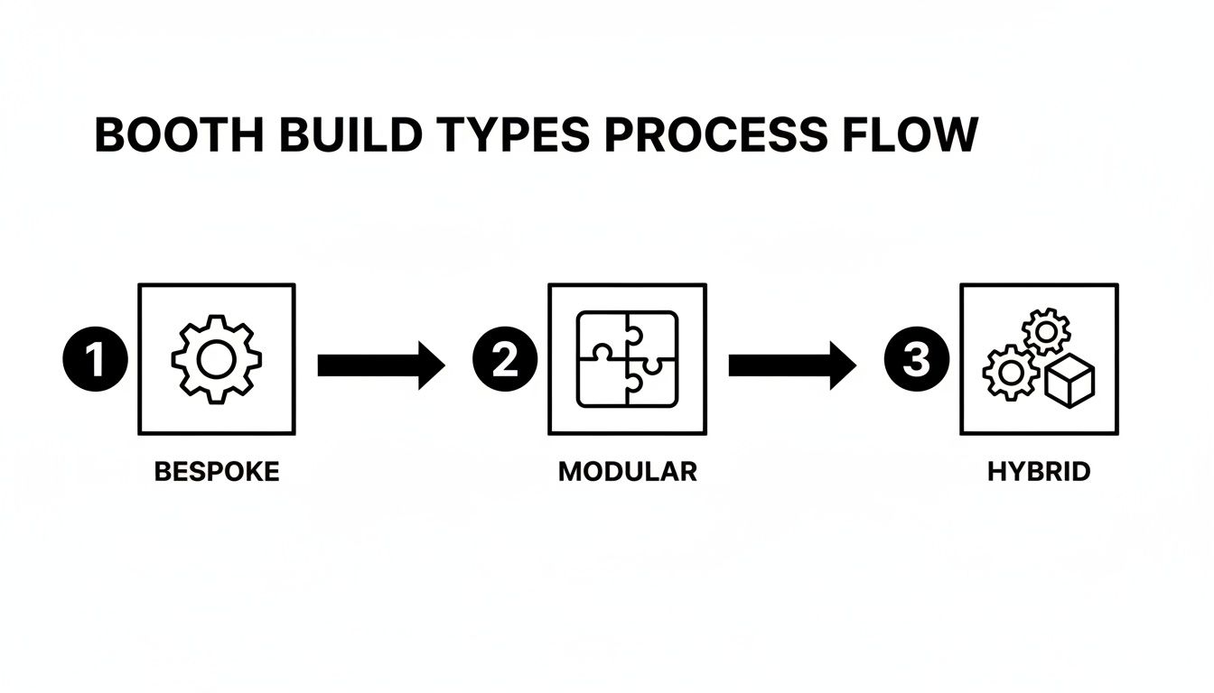 Process flow diagram illustrating booth build types: 1. Bespoke, 2. Modular, and 3. Hybrid.