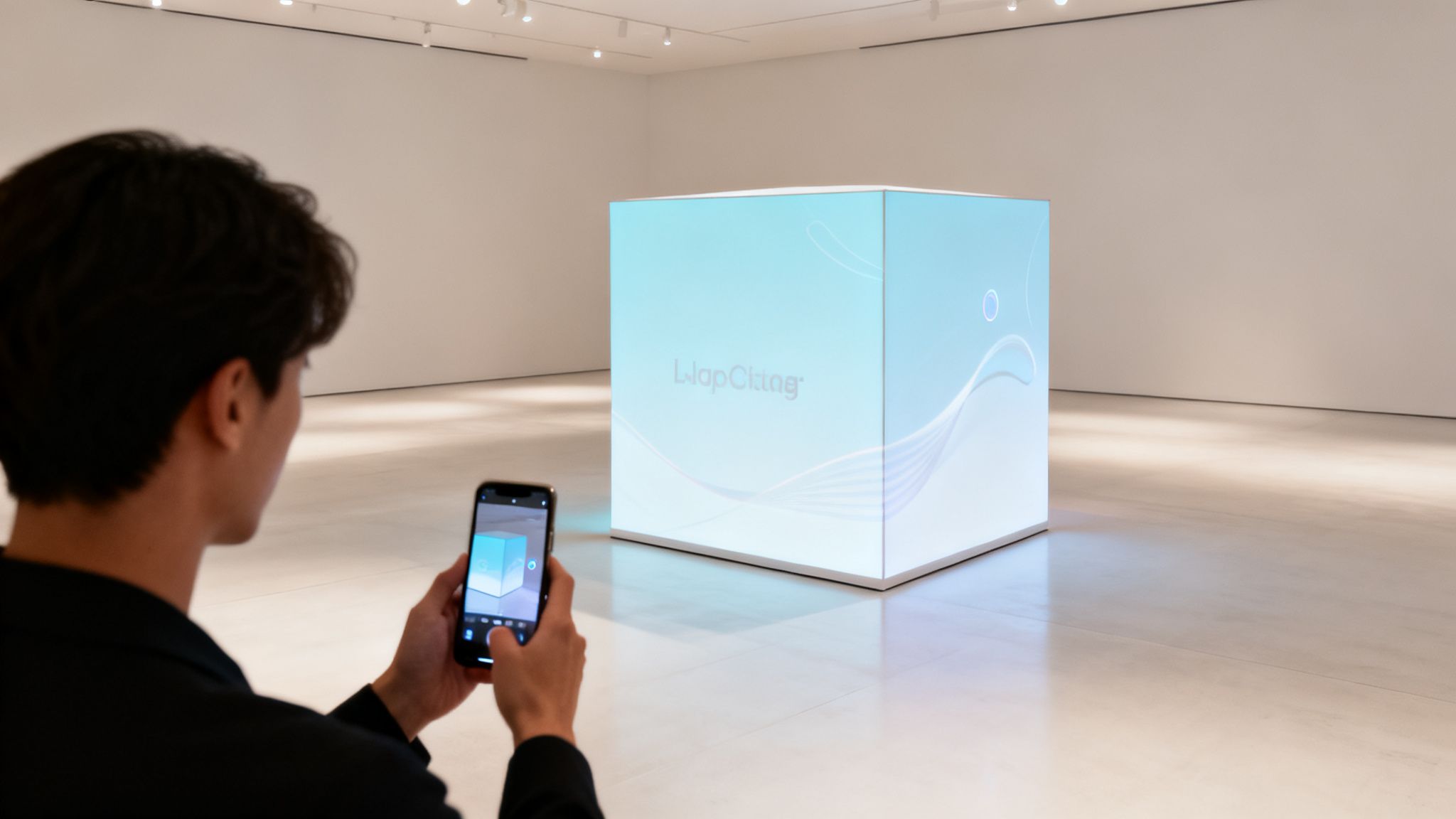 A person photographs a large, glowing interactive cube display with their smartphone in a modern gallery.