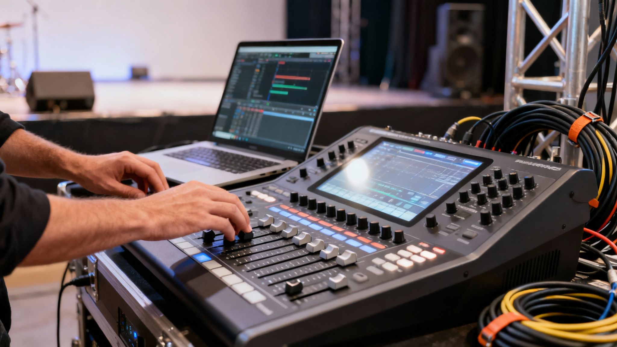 Hands adjusting faders on a professional sound mixing console with a laptop on a stage.